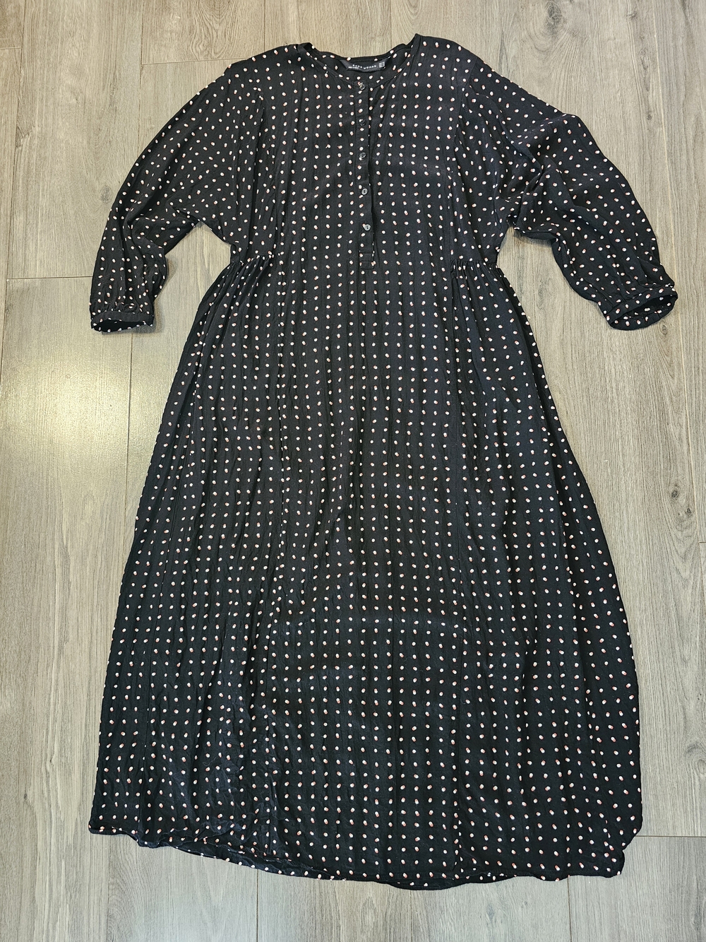 Zara Black Long-Sleeve Midi Dress with Red And White Dot Pattern -size XS